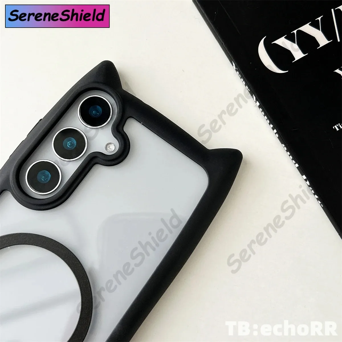 Cute Cat Ear Transparent Magnetic Charging Case with Soft Border