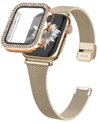 Elegant Milanese Loop & Diamond Bracelet for Apple Watch - Slim Sport Strap & Case (Vintage gold 4)