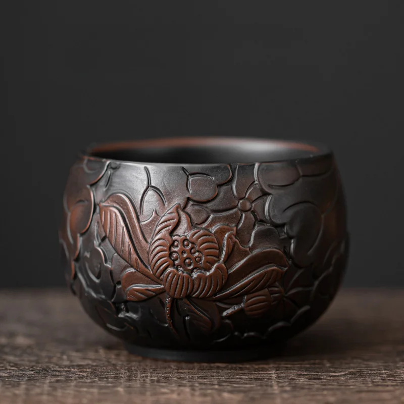 Hand Carved Purple Ceramic Teacup Household Daily Master Teacup Chinese Ceramic Kung Fu Tea Set