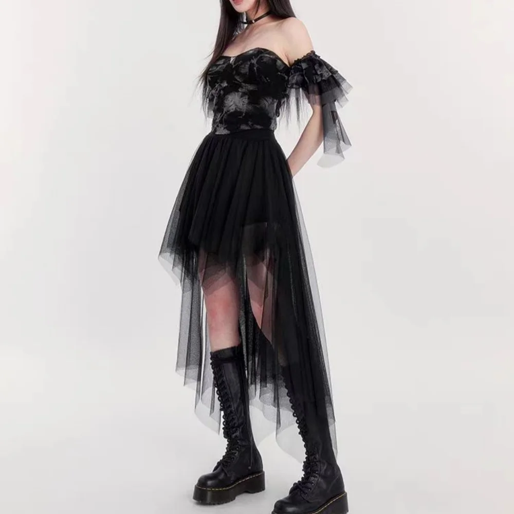Sexy Gothic Skirts For Women Hotsweet Irregular Mesh Black Skirt Streetwear Elastic Waist Front Short Back Long Y2K Lady's Skirt