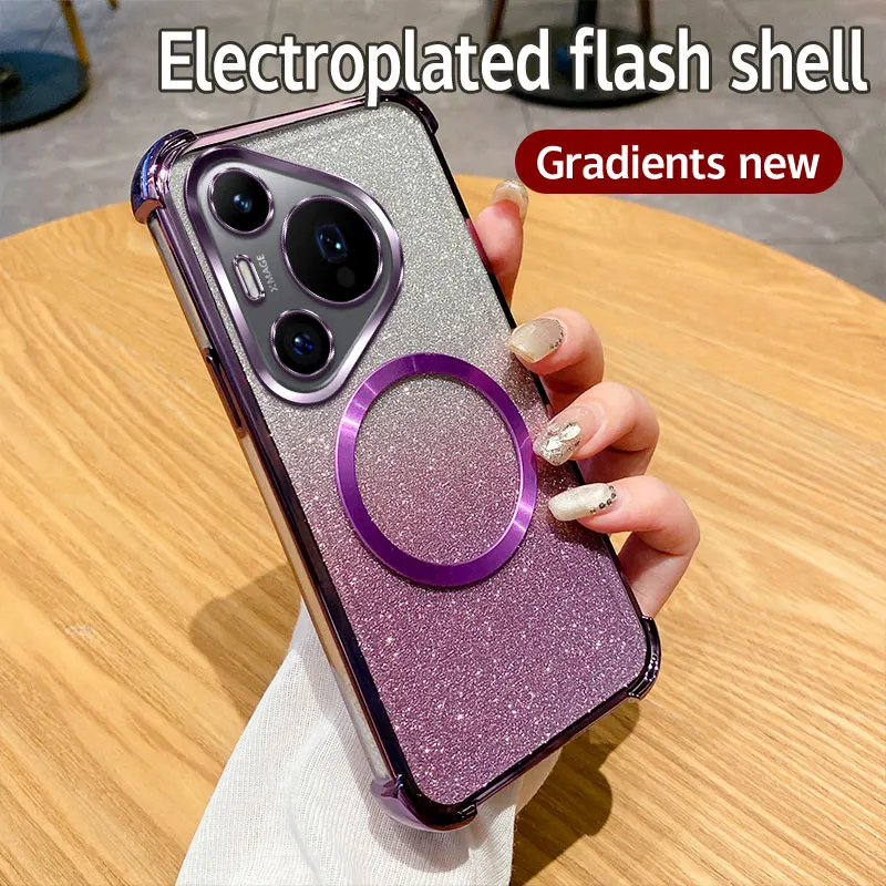 Coque de téléphone à anneau magnétique transparente antichoc pour Huawei Pura 70 Ultra P70 P60 P50 P40 P30 Pro Mate 60 50 40 Pro Plus Glitter Cover_voghion.com