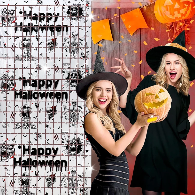 2M Halloween Party Backdrop Scary Skull Skeleton Foil Curtains for Halloween Indoor Outdoor Home Decoration Photo Booth Props