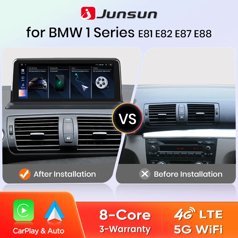 Radio Multimedia Inalámbrica Junsun con CarPlay y Android Auto para BMW Serie 1 E87 E81 E82 E88 2004-2012, Sistema CCC/CIC, Sistema Inteligente, GPS, Navegación, Pantalla Táctil 1