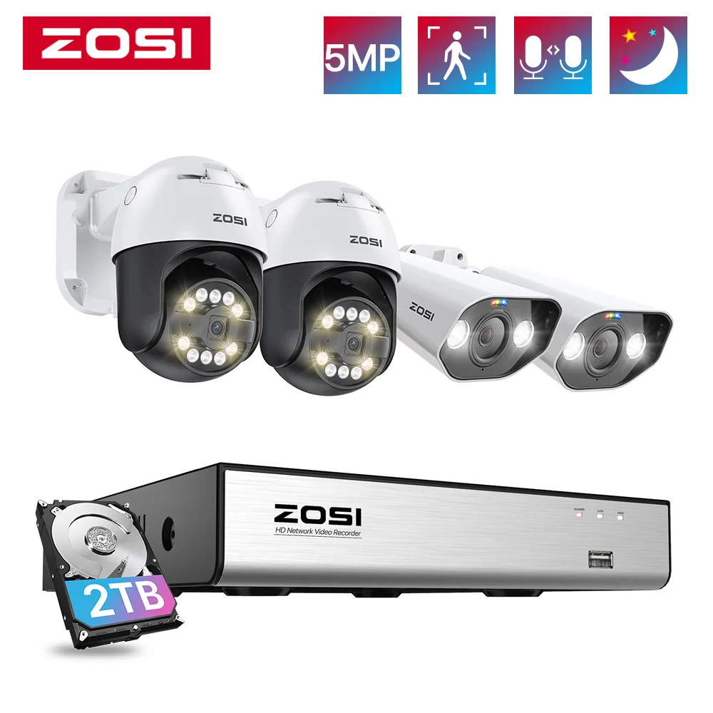 ZOSI 5MP PTZ 비디오 감시 키트, AI 얼굴 차량 감지, 4K 8CH 확장, 16CH CCTV NVR 5MP PTZ