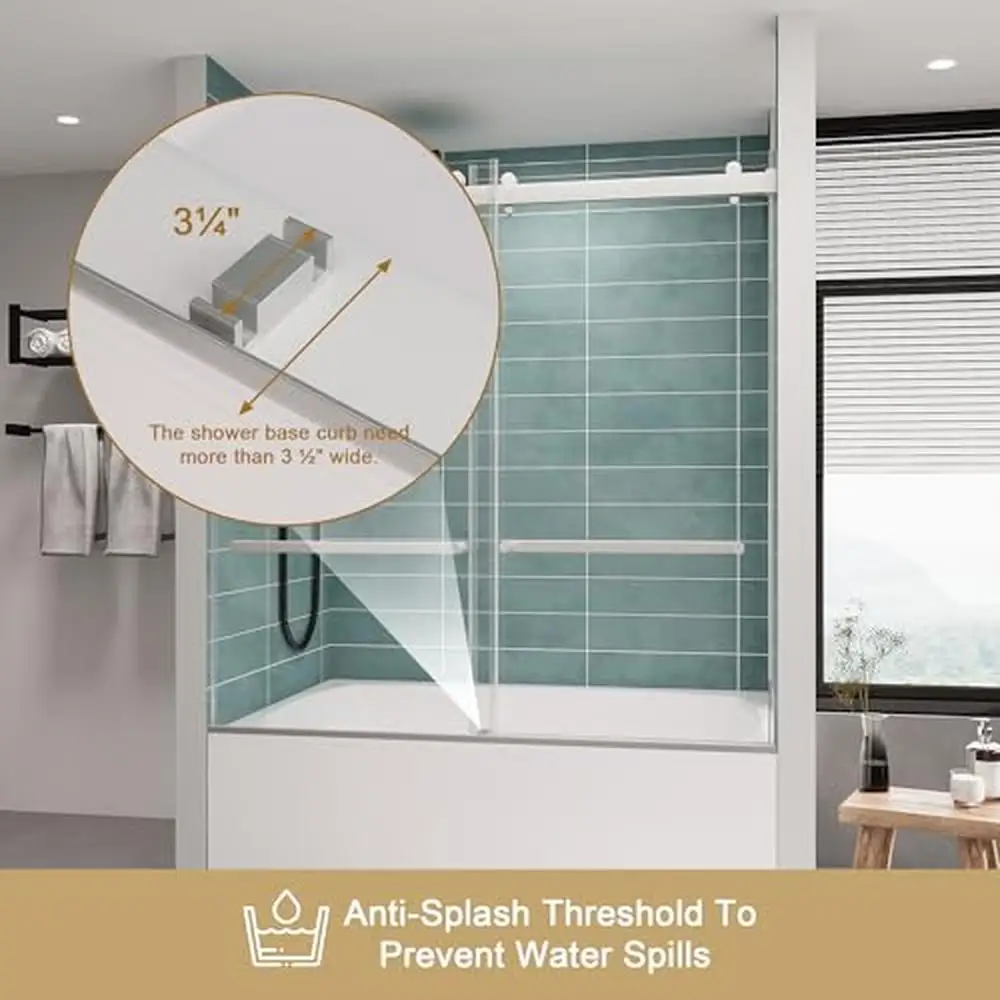 Frameless Double Sliding Tub Shower Door 56-60 x 60 Tempered Glass Stainless Steel Hardware Water Retaining Strips Easy to Clean 5