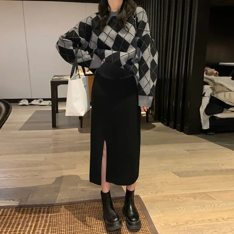 Maternity Fashion Knitted Belly Support Half Skirt Casual Trendy Mom High Waist Slit Slimming One Step Skirt Autumn Winter