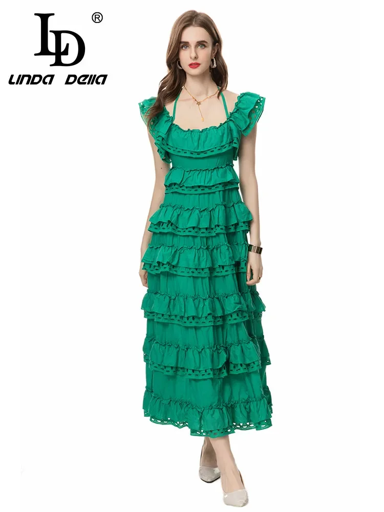 

LD LINDA DELLA 2024 Summer Fashion Elegant Temperament Dress Women Solid Color Hollow Out Cascading Ruffle Hang One's Neck Dress