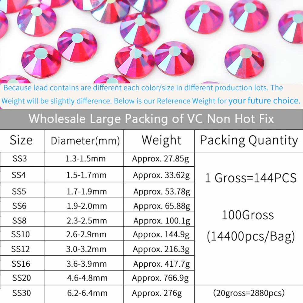14400 Stück Großhandel Flache Kristalle AB Nicht-Hotfix Strass in Großpackung Glitzer-Kristalle SS3-SS20 für Nägel Hochzeit F0228 – Detail 5
