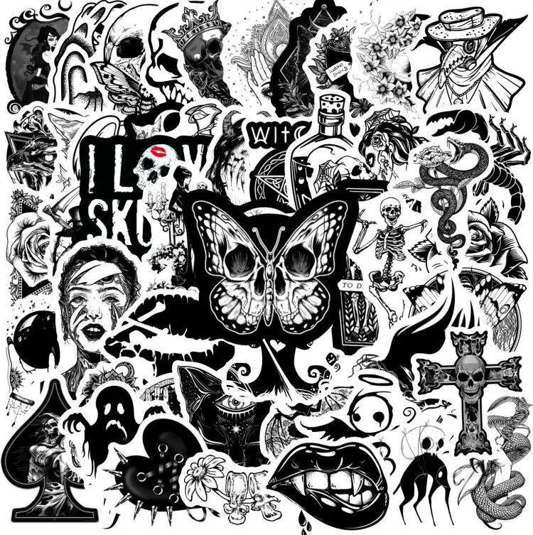 50Pcs Black White Gothic Graffiti Stickers Skull DIY Laptop Skateboard Car Stationery Bike Motorcycle Helmet Cool Decals 7ipupas low wholesale price luminous sneakers white black blue graffiti 11 colors led lights glowing sneakers for boys girls kid