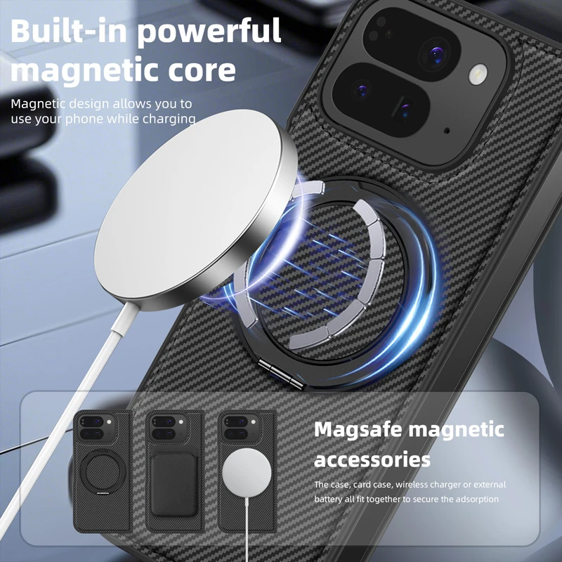 ELVEV Business Magnetic PU Leather Phone Cover with Carbon Fiber Texture and 360° Rotating Bracket