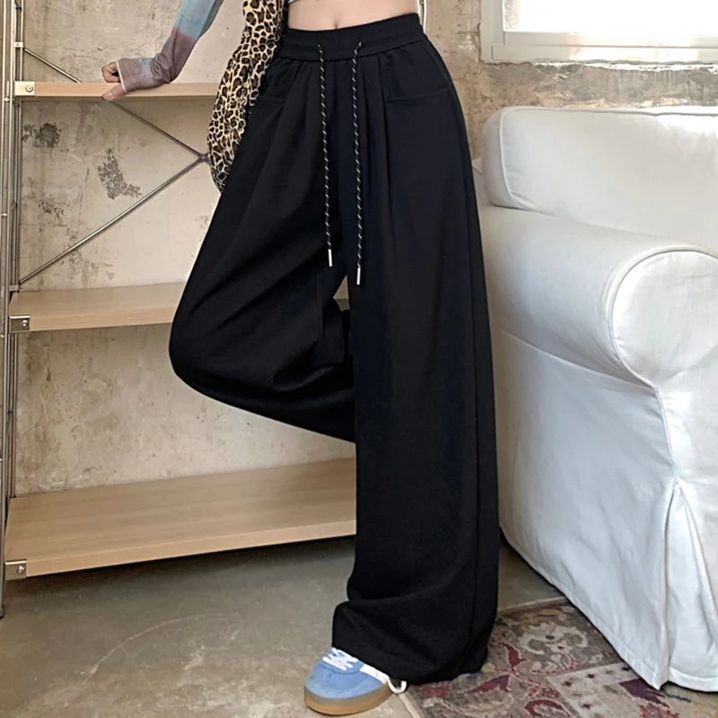 2024 Autumn Women Hip Hop Style Baggy High Waisted Long Pants Lady Versatile Streetwear Solid Color Drawstring Wide Leg Trousers 4