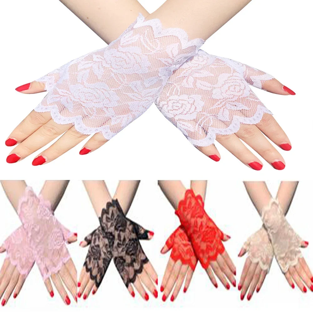 

Перчатки женские кружевные с открытыми пальцами, пикантные короткие модные сетчатые для невесты, с защитой от солнца, с розовыми цветами, черные белые, на лето