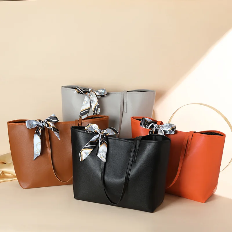Women's Shoulder Bag Foreign Trade Fashion Large Capacity Tote Bag Lychee Pattern Silk Scarf