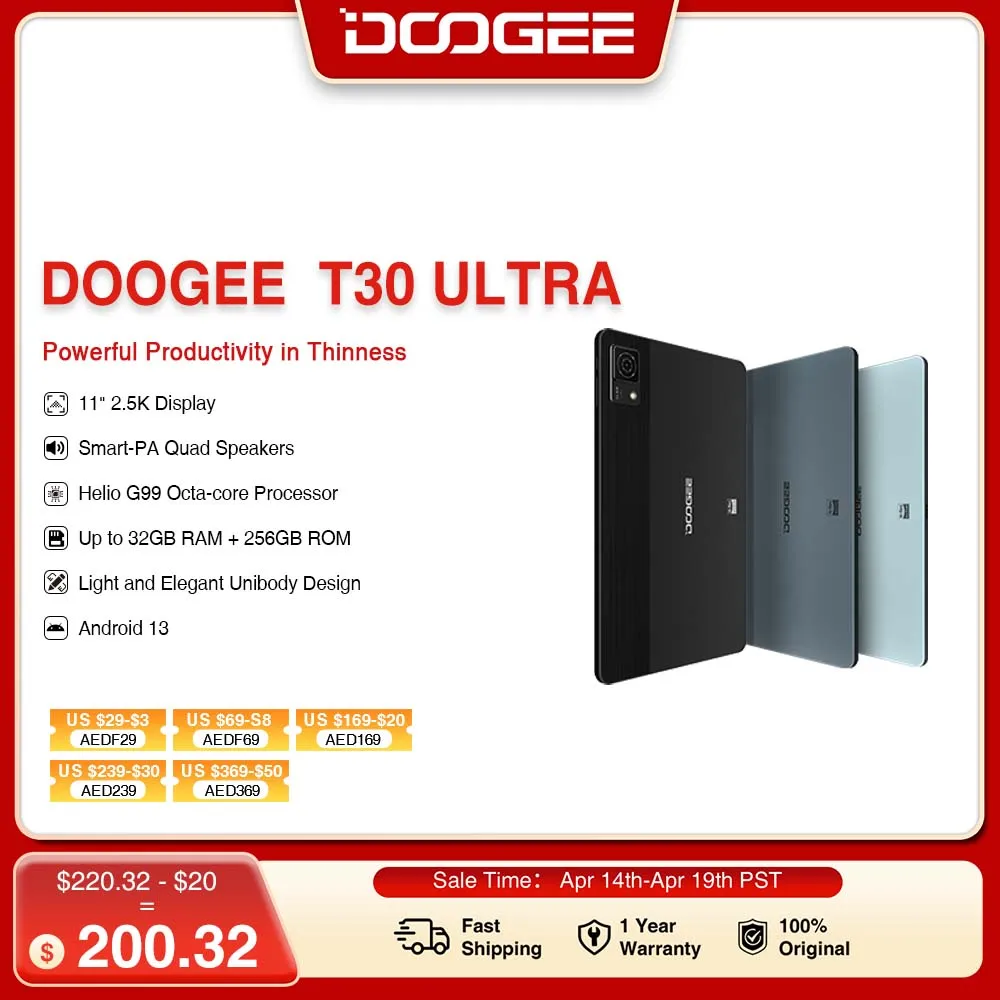 World Premiere DOOGEE T30 Ultra Tablet 11" 2.5K Display Helio G99 Octa Core 7.6mm 12GB+256GB Android 13 Quad Speakers Tablet