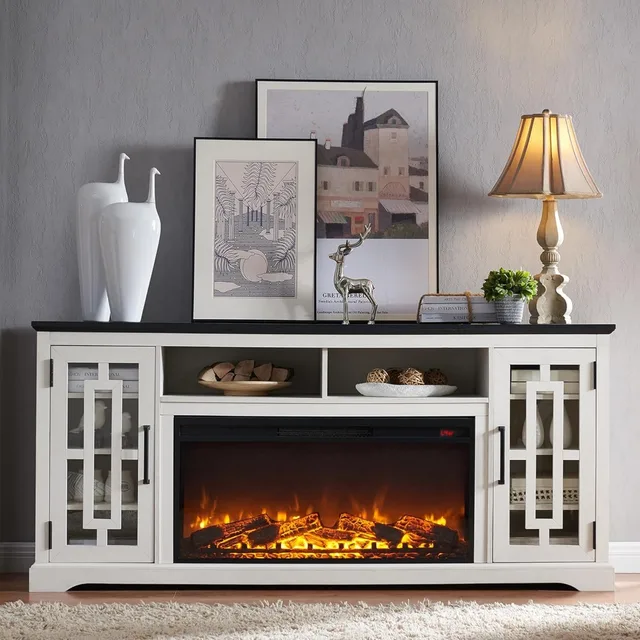 Farmhouse Fireplace TV Stand with 36" Electric Fireplace for 80 Inch TV, 32" Tall Entertainment Center, Modern Media Console, 6