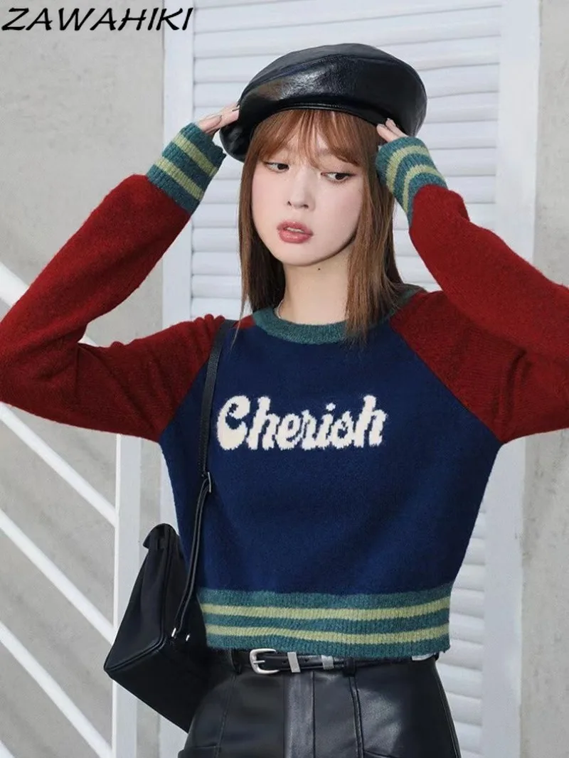 

Sweater Women American Retro Fall Winter New Arrive American Retro Patchwork Sueter Mujer Contrast Color Letter Loose Knitted