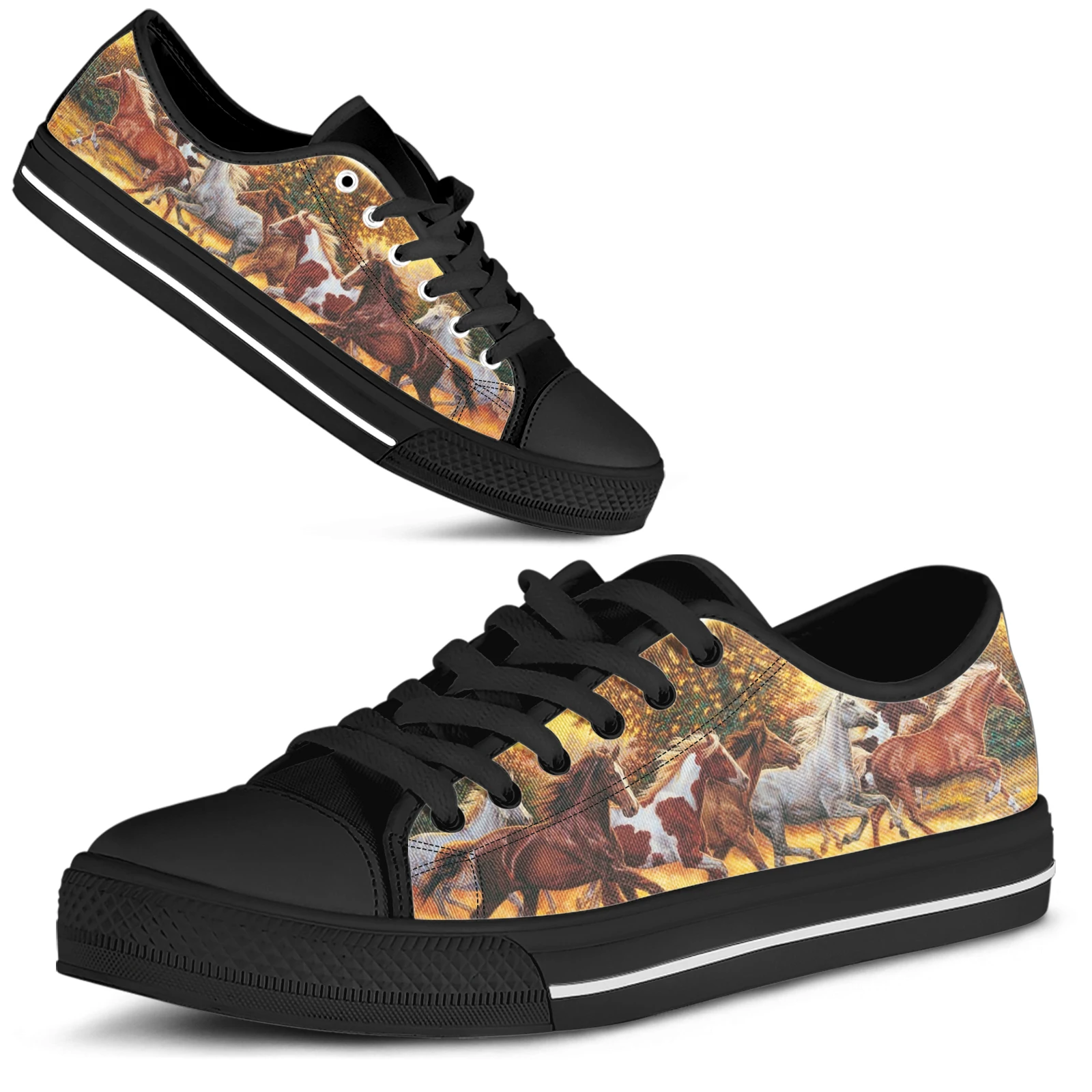 

ELVISWORDS Classic Low Top Shoes Crazy Horses Print Women Canvas Vulcanize Shoes 3D Animal Sneakers for Youth Girl Comfort Flats