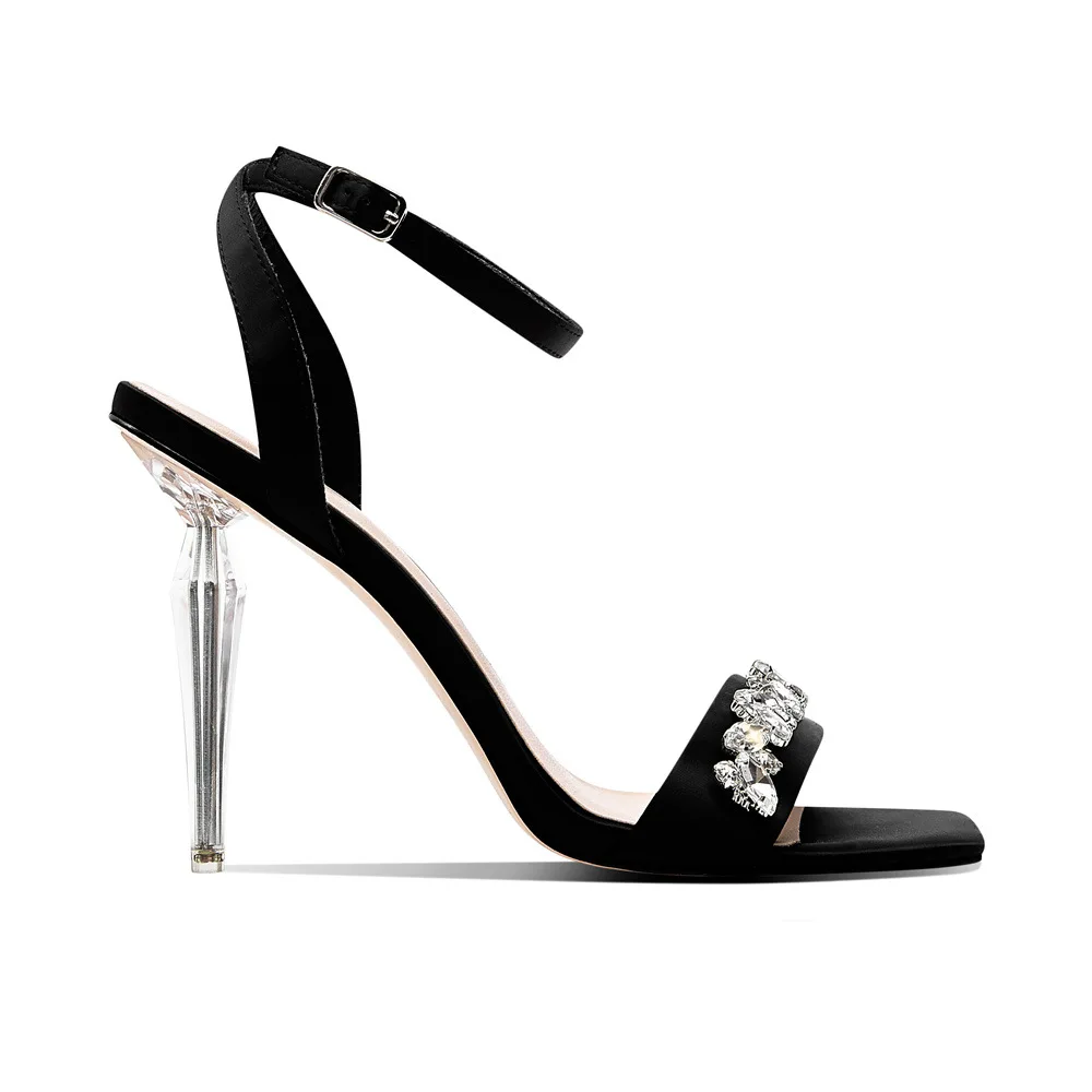 Pink Rhinestone Thin Strip Metal Square Toe Open Toe Slim Heel Sandals for Women's Summer 2024 New Straight Line High Heels