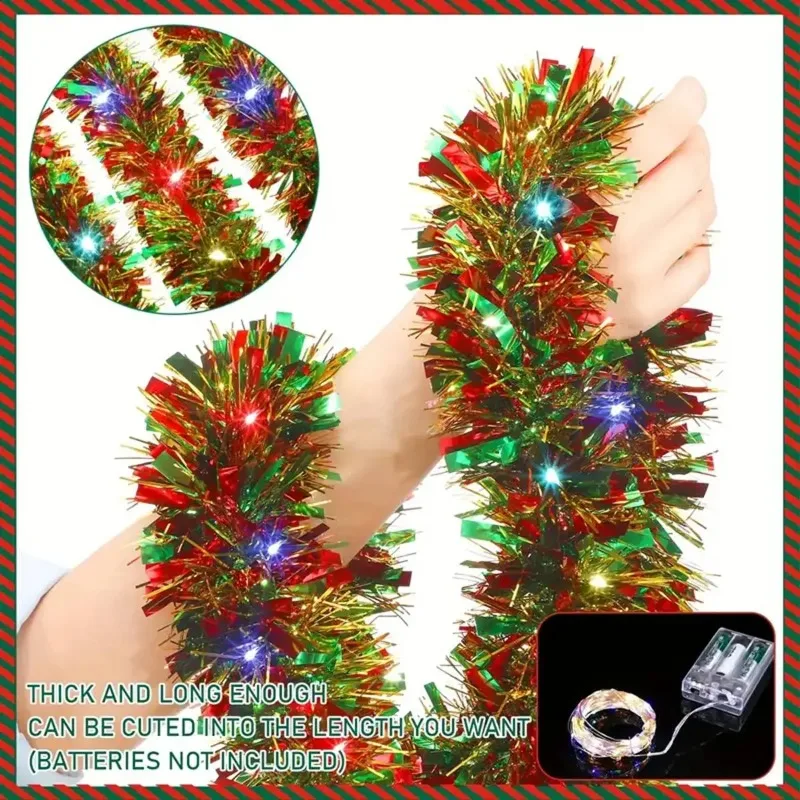 5M LED Metallic Tinsel Garland - Premium Thick Christmas Tree Hanging Decor with Battery-Operated Lights for Home/Party Decor