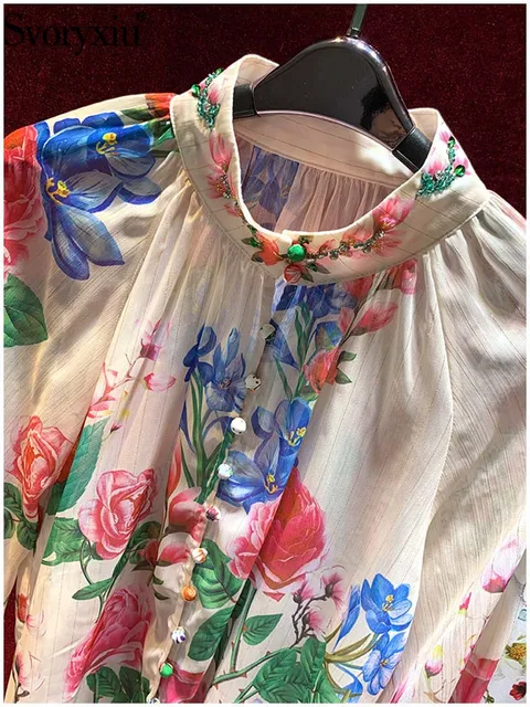Svoryxiu Fashion Autumn Vintage Gorgeous Flowers Print Skirt Suit Women's Lantern Sleeve Button Shirt Coat + Elastic Waist Skirt Uellow