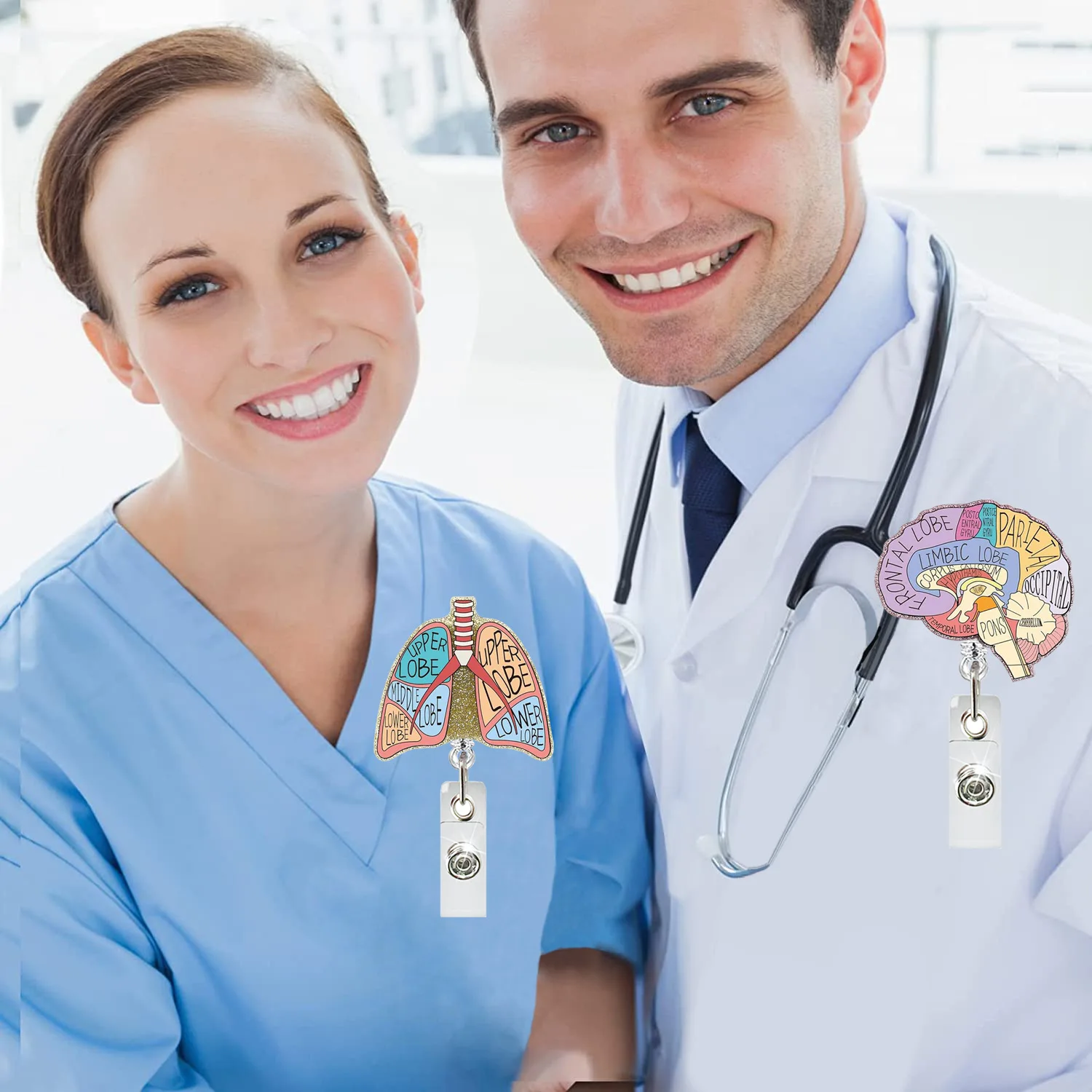 Medical Heart Lung Brain Acrylic Glitter Retractable Badge Reel Rotating Crocodile Clip ID Badge Holder for Doctor Nurse 5
