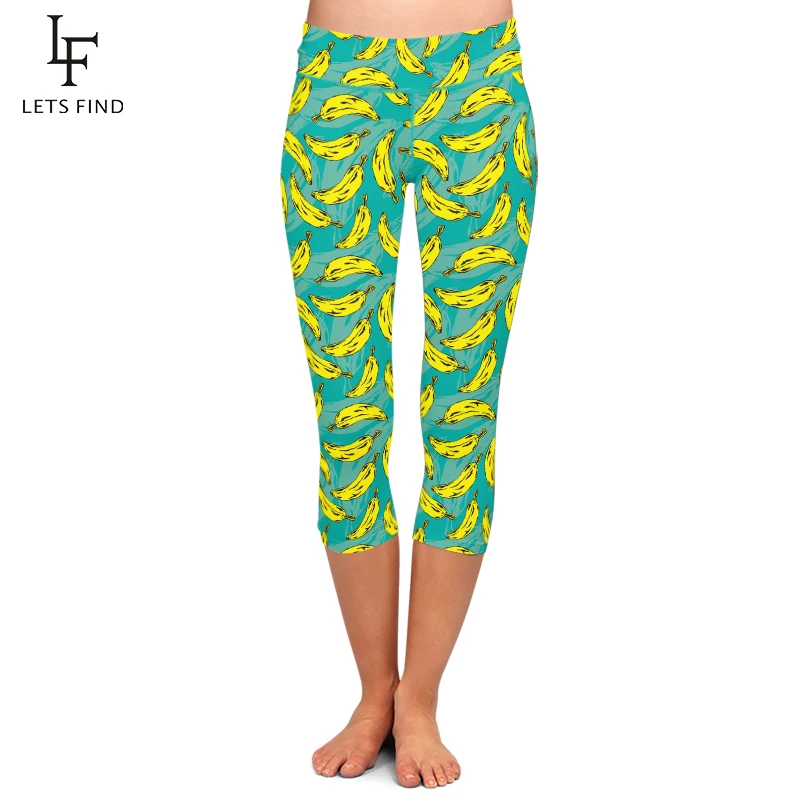 LETSFIND High Quaility Summer Fruits Design Banana Print Capri Leggings High Waist Fitness Women Mid-Calf Leggings