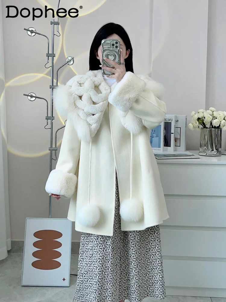 Detachable Fur Shawl Woolen Coat Two-Piece Set Winter Rabbit Fur Woven Shawl Fox Fur Coat Cape Double-Faced Cashmere Coat Women usb electric blanket heating shawl knee warmer detachable heater flannel carpet heated living room dormitory