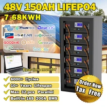 48V 150Ah 100Ah LiFePO4 batterie 51.2V 7.6KWh 6000 + Cycles 16S 200A BMS, RS485 CAN Communication, Max 32 parallèle pour le stockage d'énergie