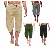 Cross border hot selling men's capris casual lightweight capris drawstring elastic waist beach yoga belt pocket 1
