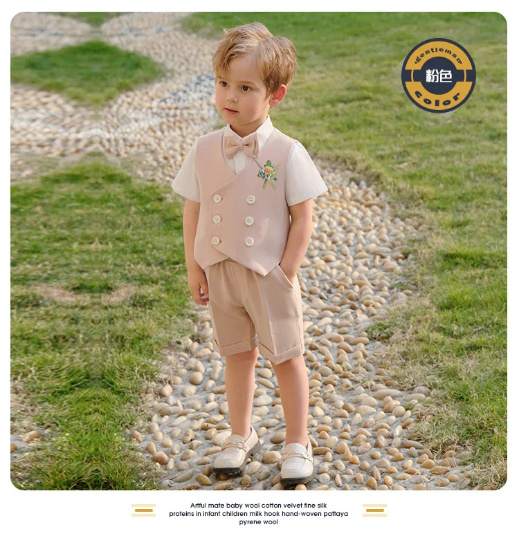 Kinder Sommer Anzug Set Formale Elegante Baby Kinder Hochzeit Anzüge Kinder Junge Weste Shorts Bowtie Outfit Set Kinder Anzug Für Jungen – Detail 4
