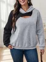 Plus-size Women's Casual Long - Sleeve Color - Block Patchwork Hollow - out Hooded Sweatshirt