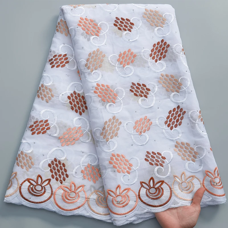 

Swiss Voile Lace Fabric 2022 5 Yards Embroidered White Lace Fabric With Rhinestones African Dry Cotton Lace For Party 3049A