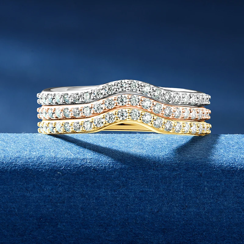 RAPRGOLD 1.3mm 라운드 모이사나이트 얇은 스택형 반지 여성용 미니멀리스트 하프 이터니티 밴드 웨딩 파인 주얼리 선물