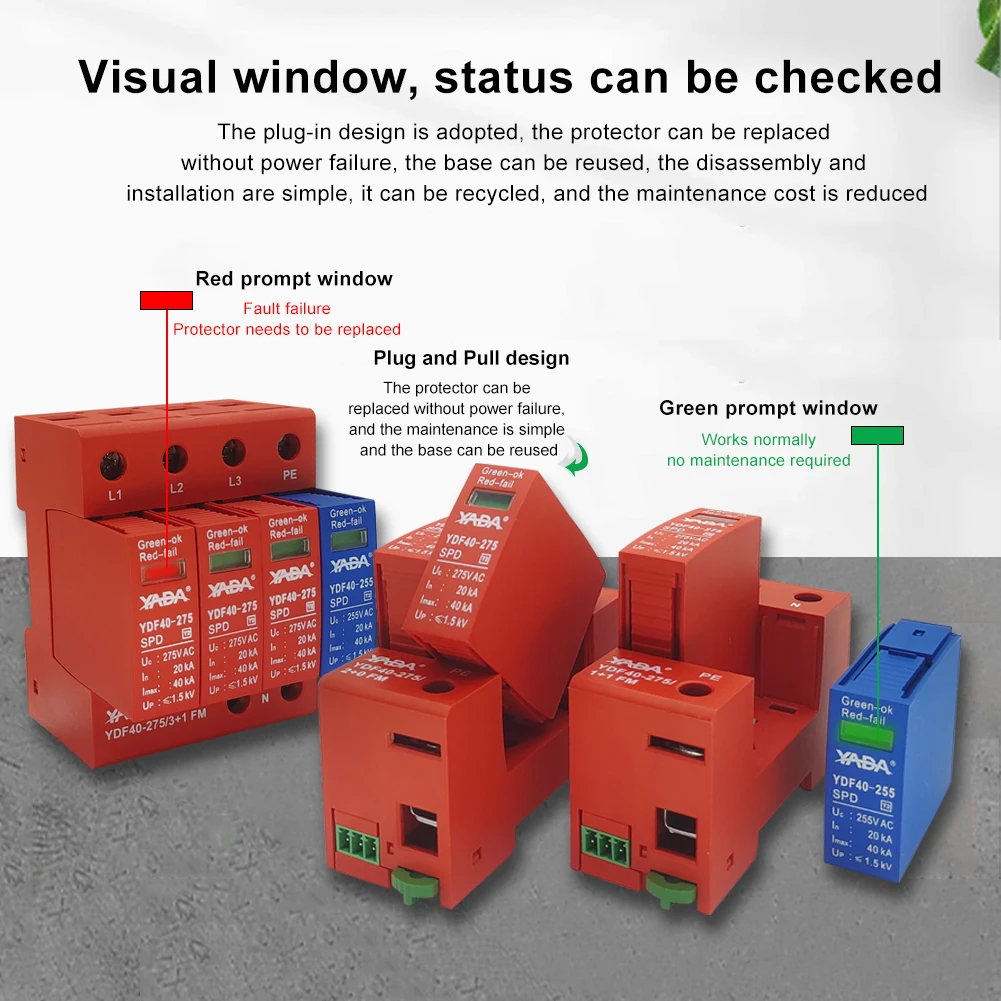 DIN Rail Surge Protector Voltage Surge Arrester Device 2.0KV (4P 40KA) 4P 3-Phase Lightning Protection Device