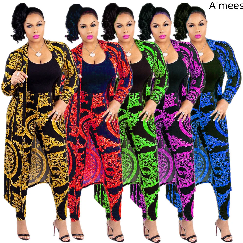 

Autumn 2022 Printing Women Casual Outfits Two Pieces Set Full Sleeves Long Coat Party Casual Streetwear Skinny Pants Suit