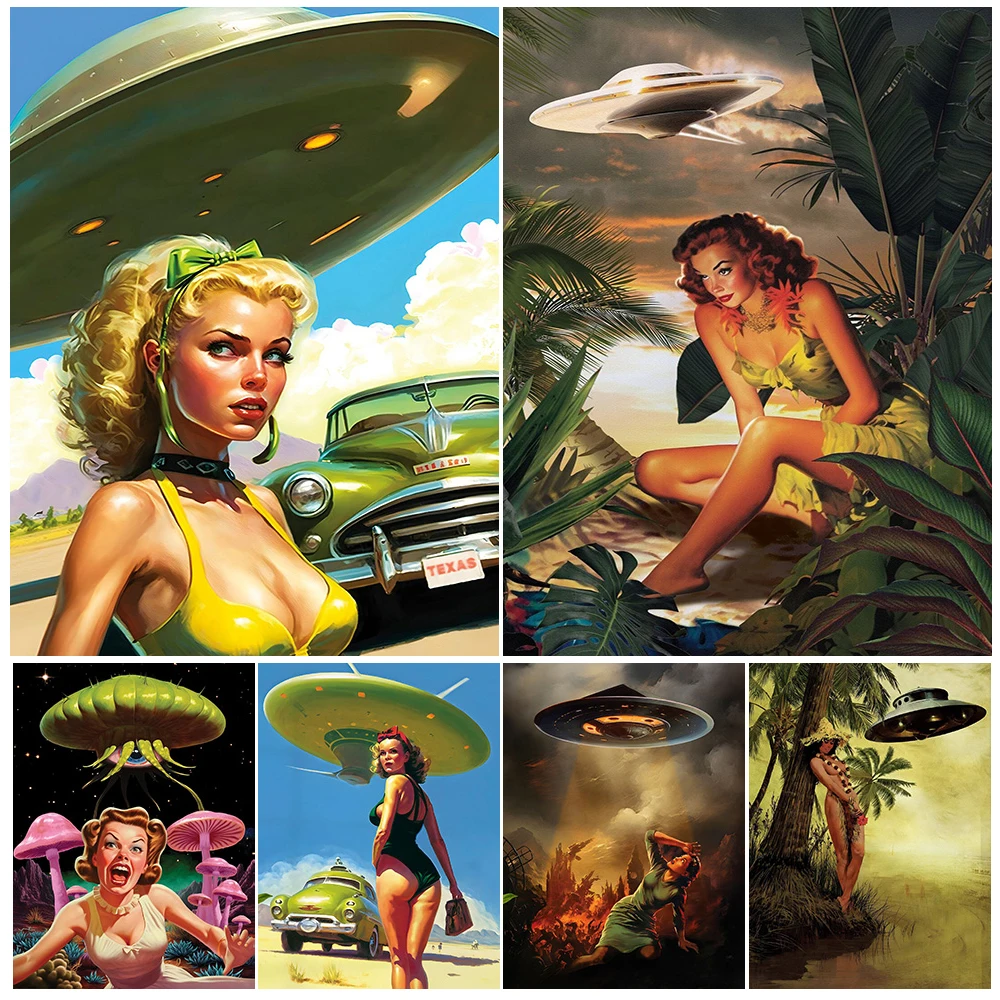 

UFO Lost In Otherworld Surreal Fantasy Vintage Wall Art Canvas Print Escape The Strange Cosmic Abstract Art Poster Print Decor