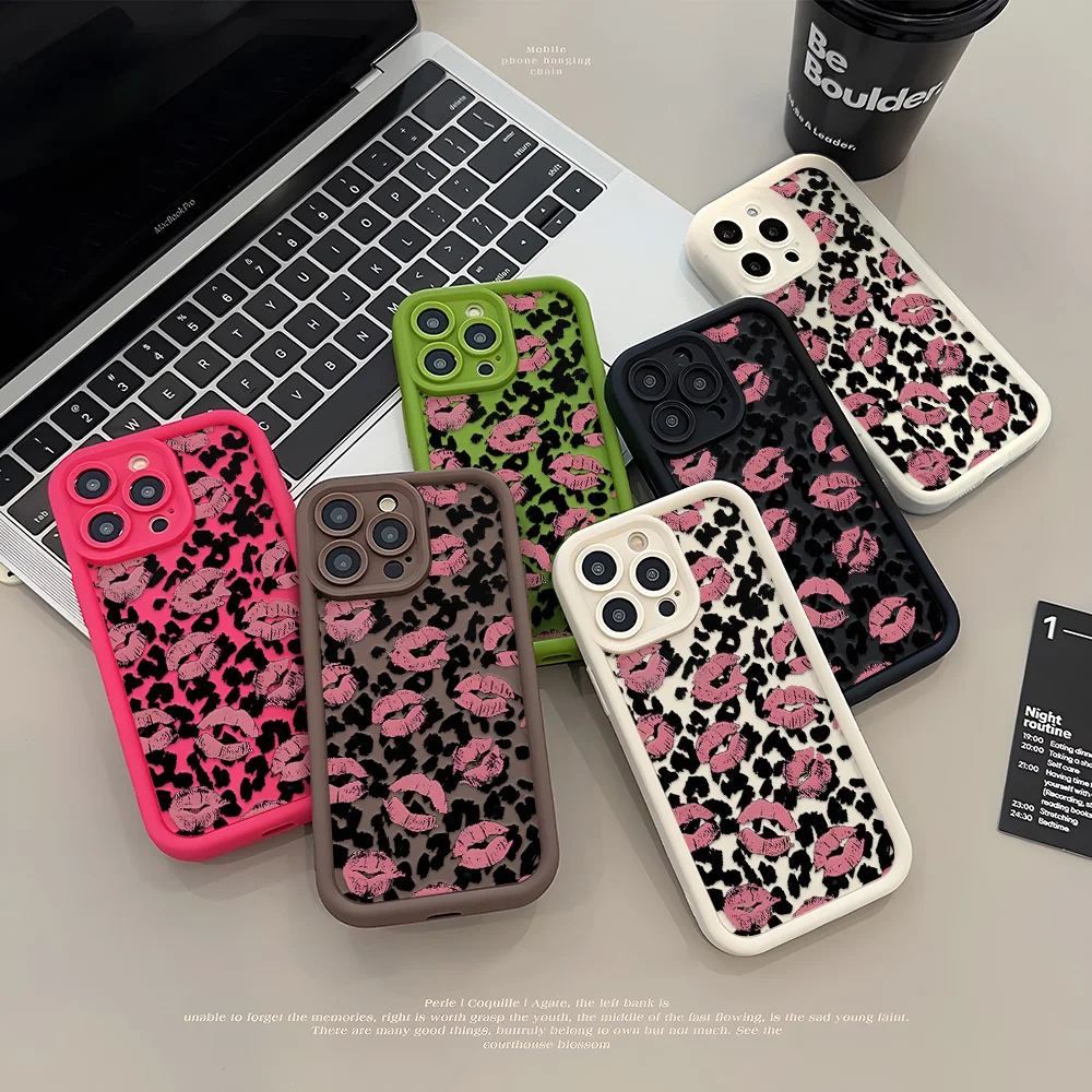 Kawaii Pink Lip Leopard Silicone Protective Painted Phone Case
