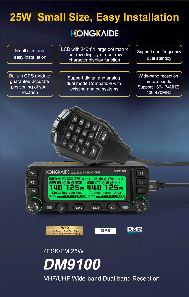 Hongkaide DM9100 DMR Digital Radio with GPS APRS Bluetooth VHF UHF Dual Time Slo