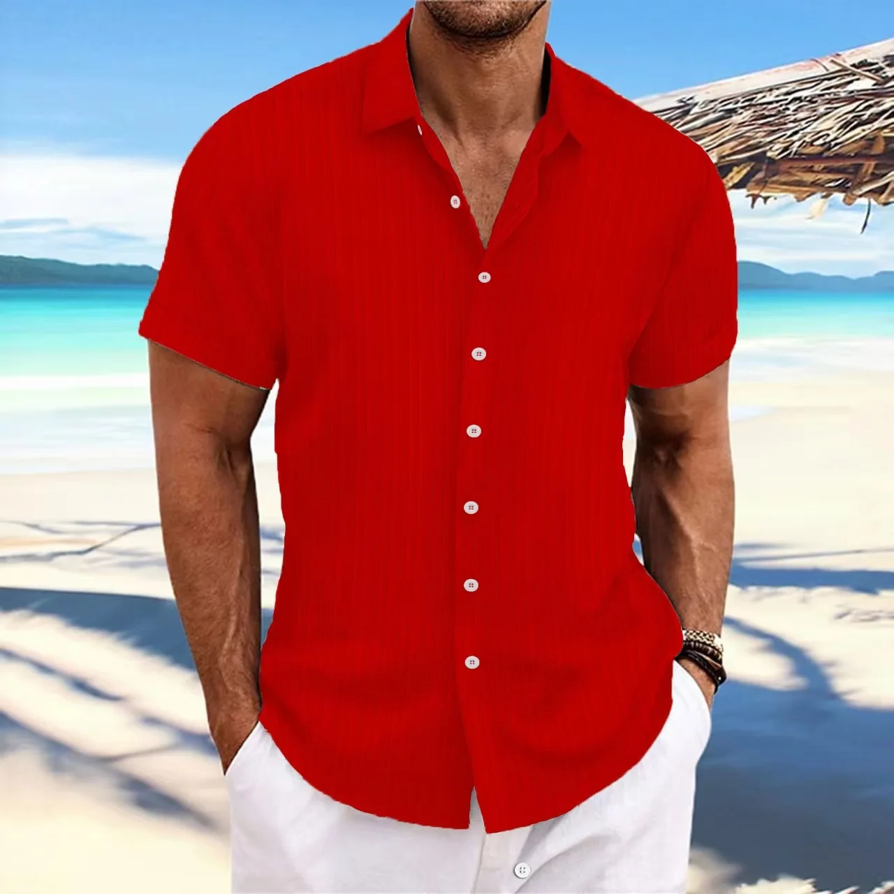 

Рубашка мужская свободного покроя, хлопок, конопляная полоска, жаккард, короткий рукав, Повседневная Удобная пляжная кофта, лето