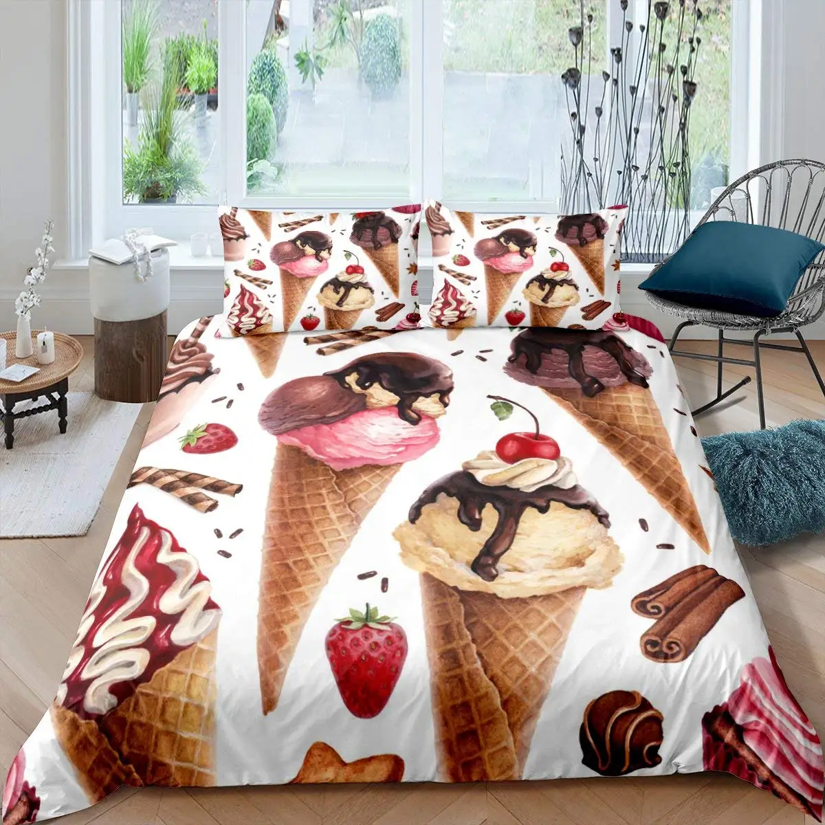 

Dessert Food Theme Duvet Cover Ice Cream Pattern Cartoon Style Background for Women Kids Girl Gift Bedroom Decoration Queen Size