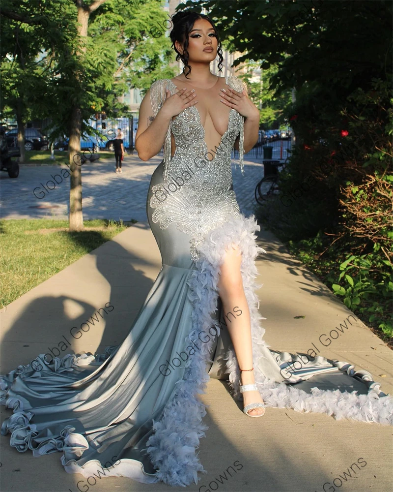 

Luxury Silver Sheer O Neck Evening Dress For Black Girls 2023 Beaded Crystal Tassel Birthday Party Dresses Mermaid Formal Gowns