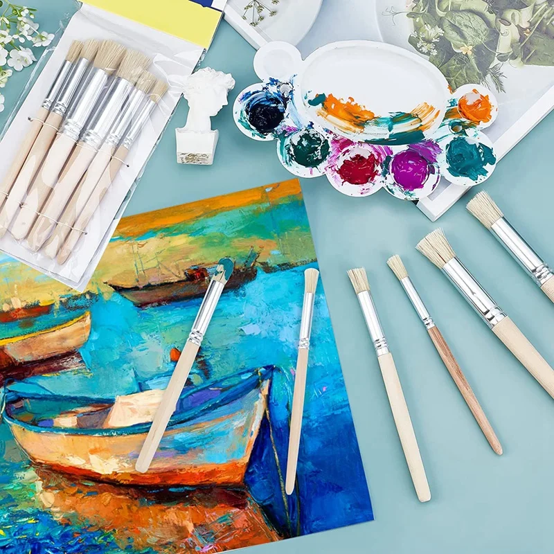 Wooden Stencil Brushes,12Pcs 3 Sizes Natural Stencil Brushes Bristle Art Painting Brushes For DIY Crafts Supplies