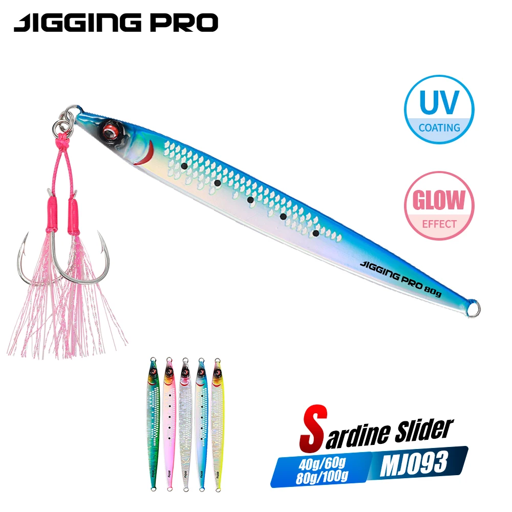 JIGGING PRO Sardine Slider Jig 40g 60g 80g 100g Weitwurf-Metallköder für Küstenangeln im Meerwasser auf Königsfisch und Bernsteinmakrele