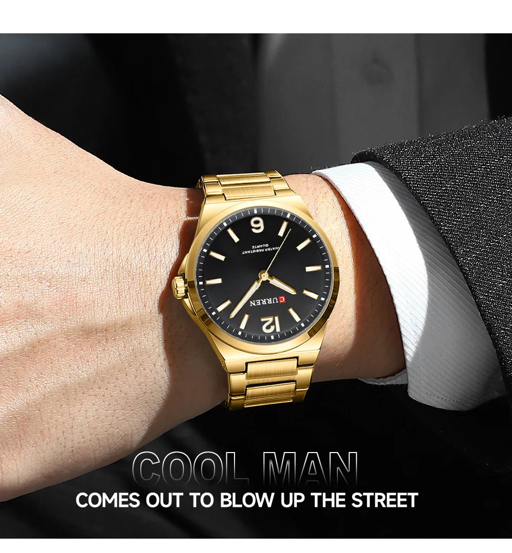 CURREN Minimalist Business Watch for Men Classic Quartz Black Wristwatch with Stainless Steel Band Luminous Hands Waterproof