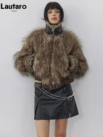 Lautaro Autumn Winter Short Warm Thick Hairy Shaggy Patchwork Faux Raccoon Dog Fur Coat Women Zipper Luxury Fluffy Jacket 2024 1