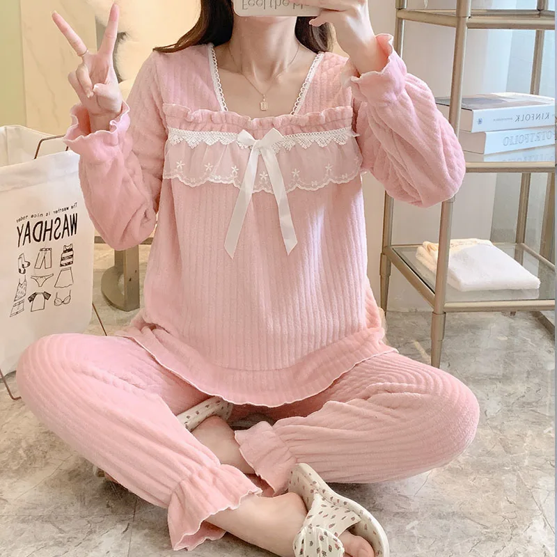 Winter new square-neck lace coral fleece pajamas women's casual sweet thickened warm flannel solid color 2-piece home clothes