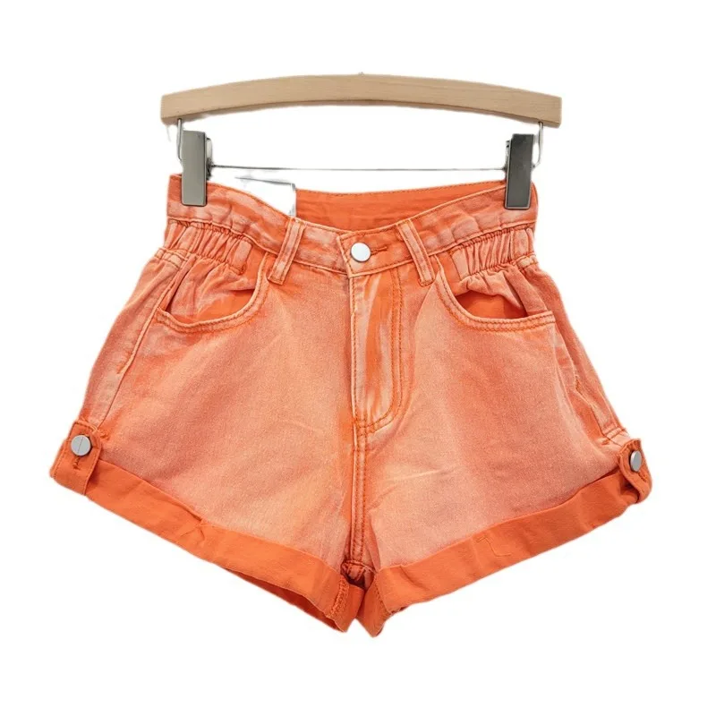 European Goods Curling Denim Shorts Women 2024 Summer Elastic High Waist A- Line Wide Leg Short Pants Fashion Casual Hot Pants