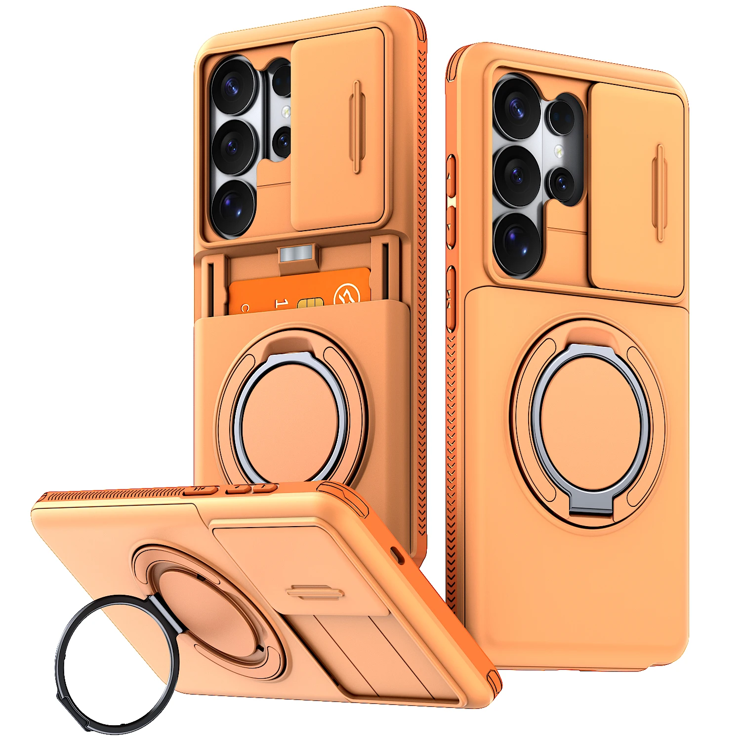 Enhanced Shockproof Protective Case with Slide Camera Cover, Rotating Ring Kickstand, and Card Holder