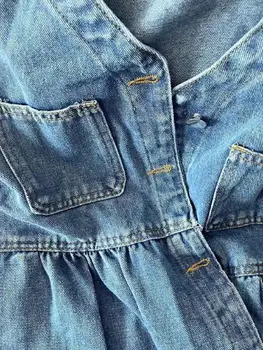 فستان بحزام بدون أكمام المرأة الصيف جيوب واحدة الصدر فساتين من قماش الدنيم امرأة الكورية نمط فضفاض ألف خط فستان قصير 2025 6