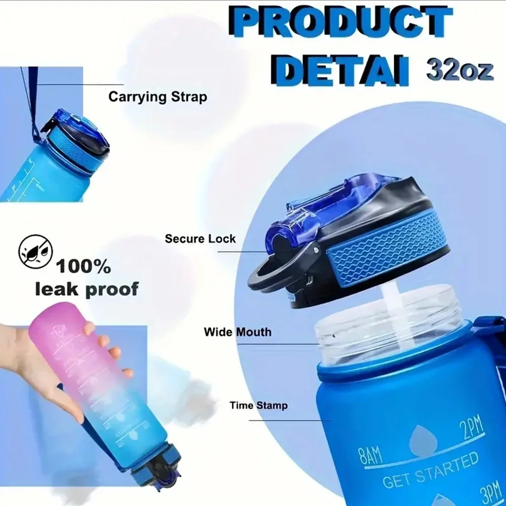 1L Gradient Color Motivational Sports Water Bottle Time Marker Water Bottle Straw Office Exercise Gym Outdoor sports water bottle,sports bottle,water bottle